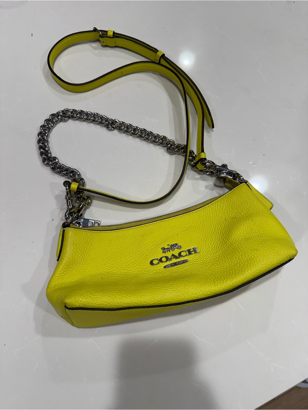 COACH Yellow Pebbled Leather Shoulder Bag with Chain Strap